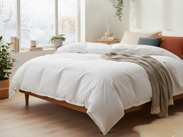 un lit avec une couette chaude pour l'hiver