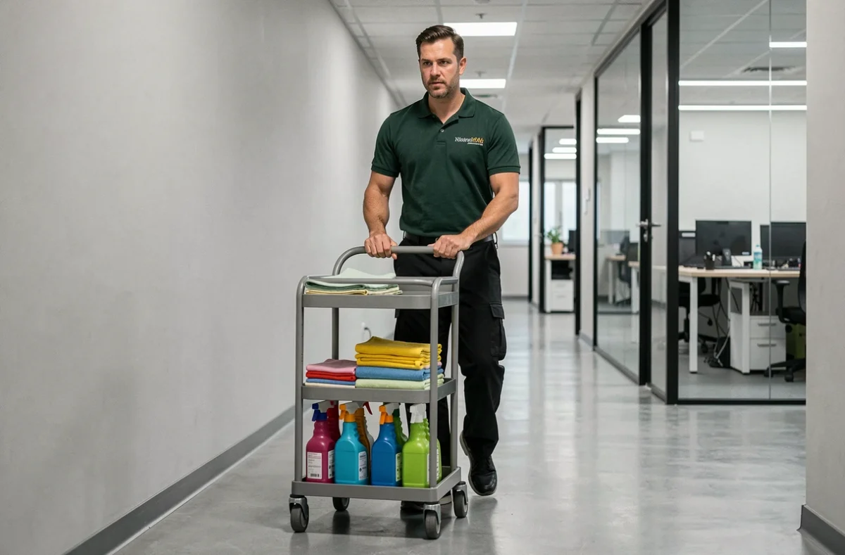 Agent d'entretien masculin poussant un chariot de nettoyage professionnel dans le couloir d'un immeuble de bureaux à Nîmes