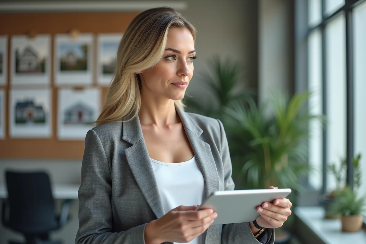 Agente immobilière évaluant l'application lamaison360 sur tablette dans une agence moderne