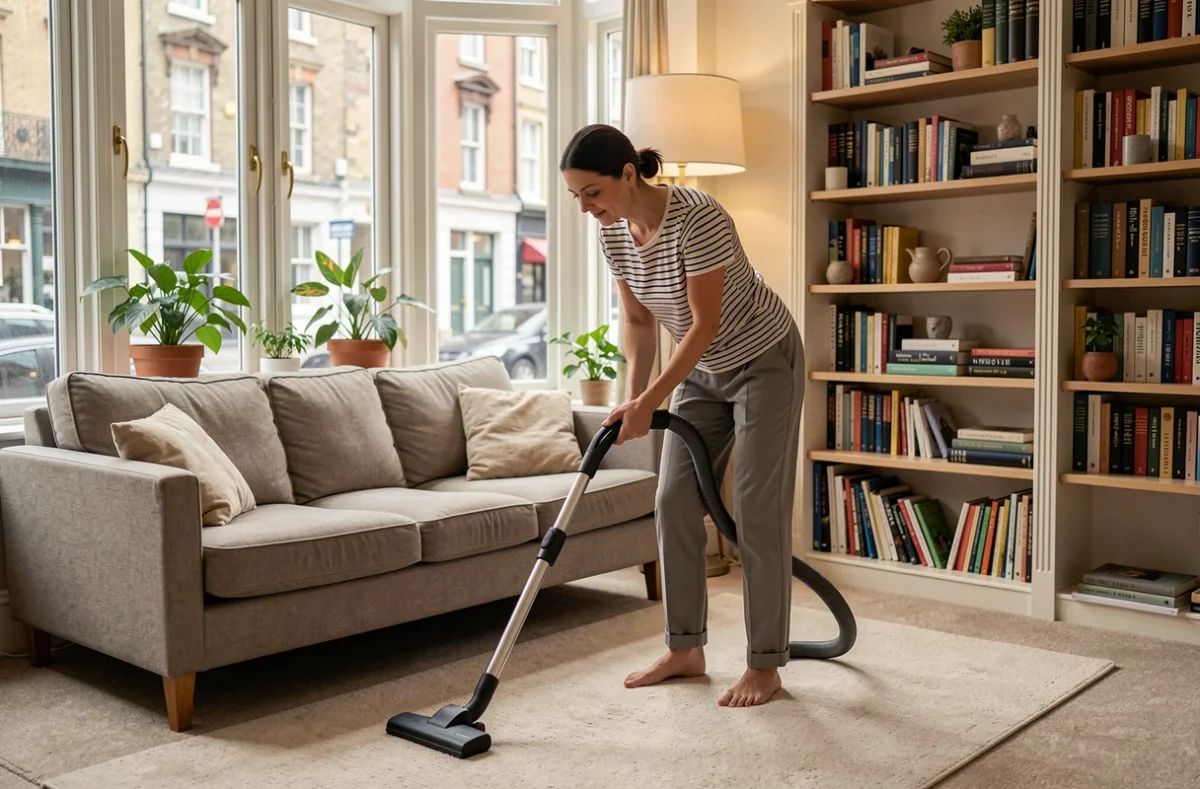 Aide à domicile passant l'aspirateur dans un salon cosy avec canapé et bibliothèque