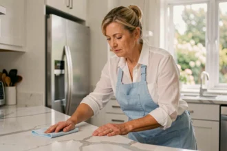 Aide ménagère en tablier bleu nettoyant le plan de travail d'une cuisine moderne avec un chiffon microfibre