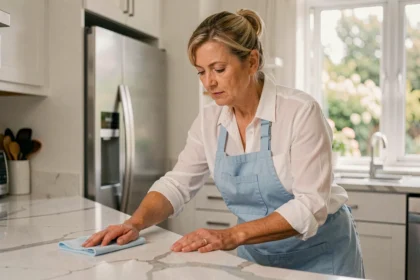 Aide ménagère en tablier bleu nettoyant le plan de travail d'une cuisine moderne avec un chiffon microfibre