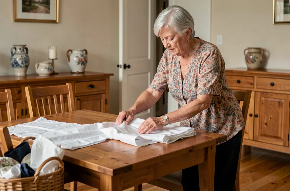 Aide ménagère âgée pliant du linge propre sur une table en bois dans une salle à manger chaleureuse