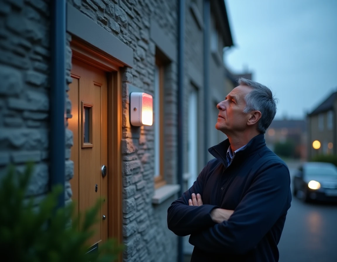 Homme inspectant une sirène d'alarme extérieure fixée sur la façade d'une maison résidentielle en zone pavillonnaire