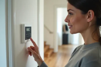 Femme appuyant sur le clavier d'un système d'alarme maison Verisure monté dans un couloir intérieur moderne