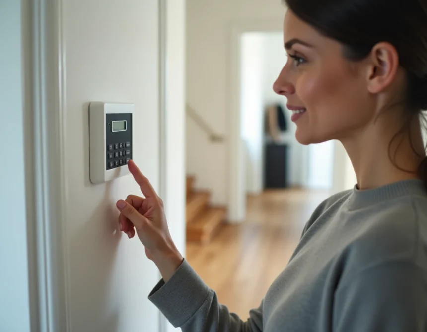 Femme appuyant sur le clavier d'un système d'alarme maison Verisure monté dans un couloir intérieur moderne