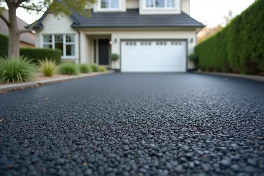 Allée de garage en enrobé drainant gris foncé avec texture poreuse visible au premier plan, maison moderne en arrière-plan