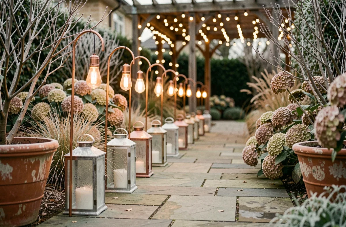 Allée de jardin décorée de lanternes et guirlandes Edison pour l'éclairage de Noël extérieur tendance 2026