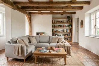 Salon familial moderne avec aménagement fonctionnel dans une maison alsacienne à Strasbourg, meubles en chêne et canapé en lin gris