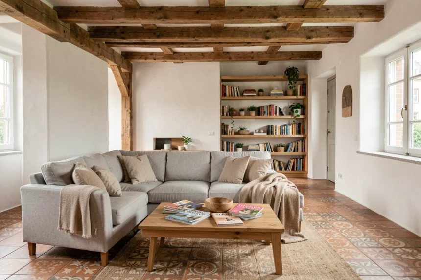 Salon familial moderne avec aménagement fonctionnel dans une maison alsacienne à Strasbourg, meubles en chêne et canapé en lin gris