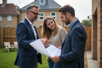 Architecte en costume bleu avec couple dans le jardin