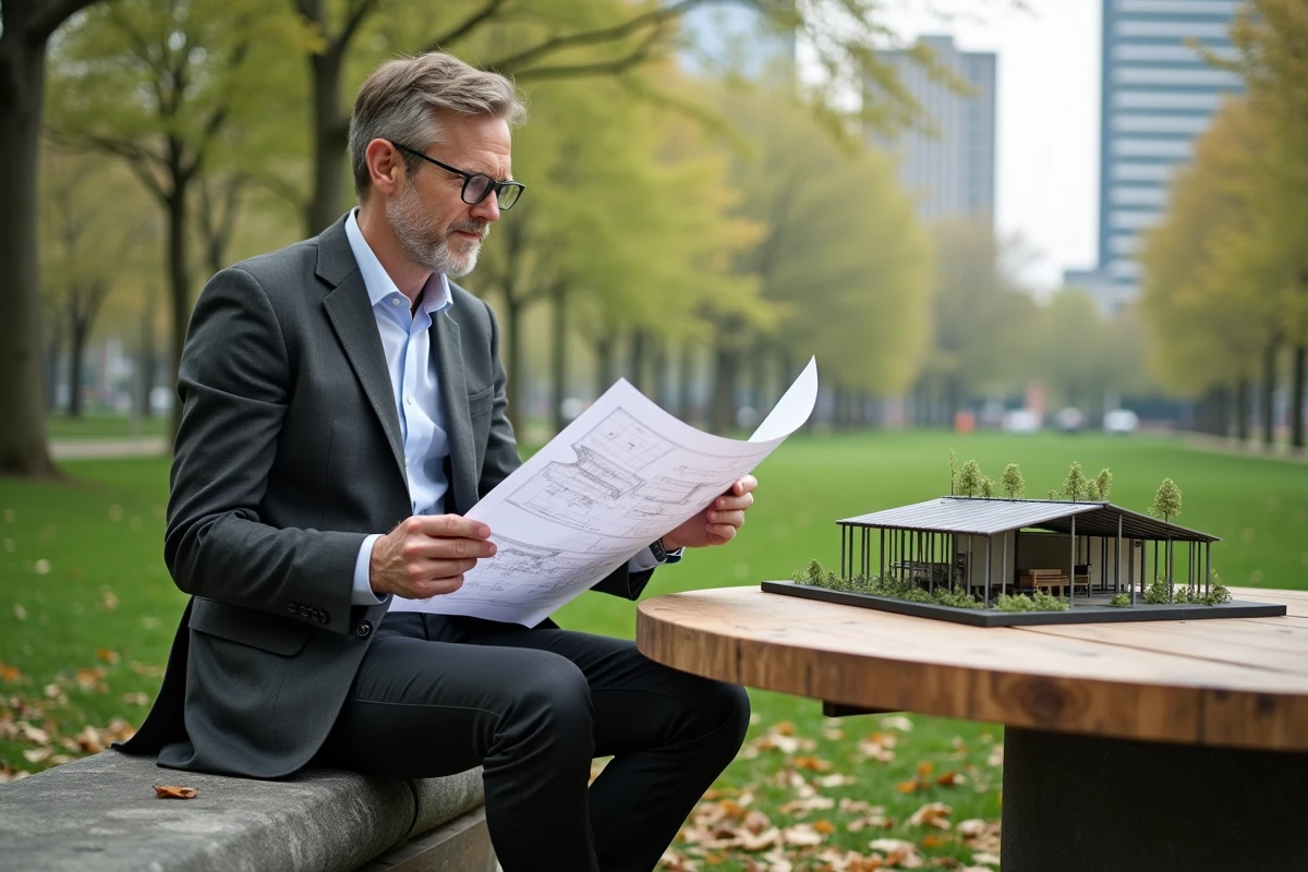 Architecte étudiant un plan dans un parc urbain