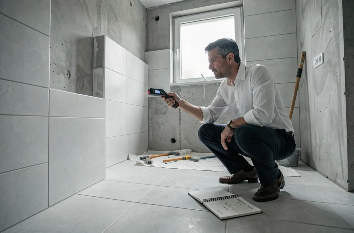 Architecte mesurant les dimensions d'une salle de bain en rénovation avec un télémètre laser pour calculer la surface au sol