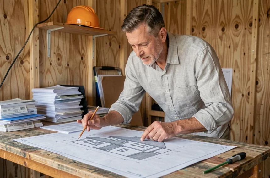 Architecte examinant des plans de surélévation de maison sur un chantier de construction