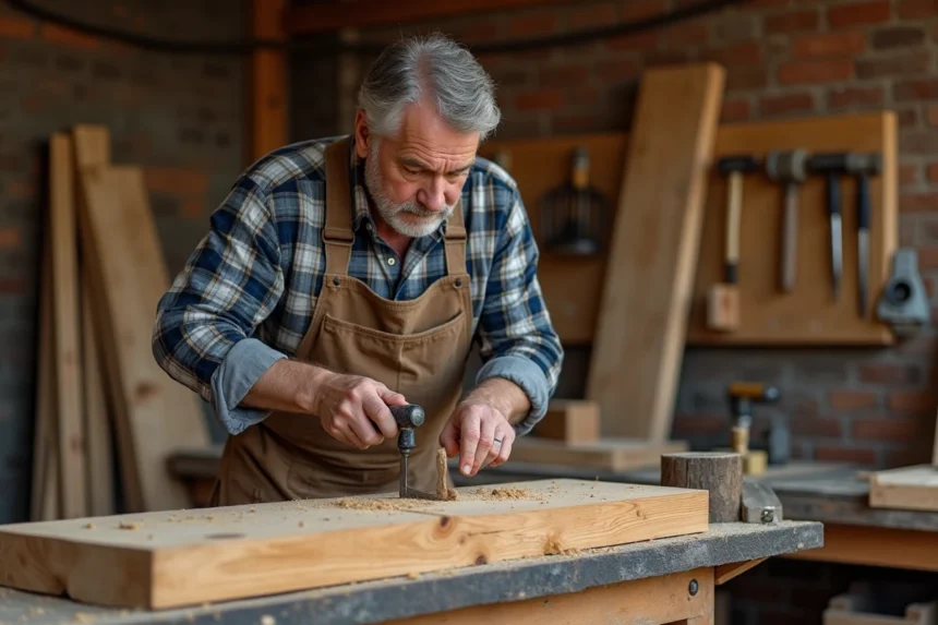 Artisan en atelier creusant une mortaise dans une pièce de bois en chêne avec un ciseau à bois, assemblage tenon mortaise débutant