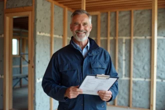 Artisan présentant un devis de rénovation énergétique devant une maison en cours d'isolation