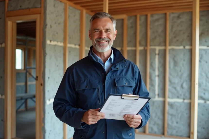 Artisan présentant un devis de rénovation énergétique devant une maison en cours d'isolation