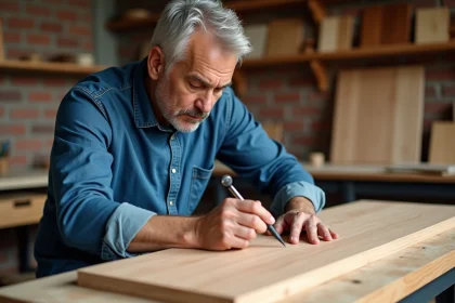 Artisan menuisier appliquant une fine couche de veneer en atelier