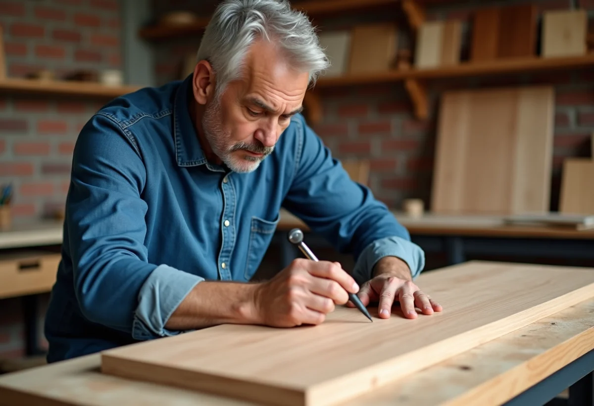 Artisan menuisier appliquant une fine couche de veneer en atelier
