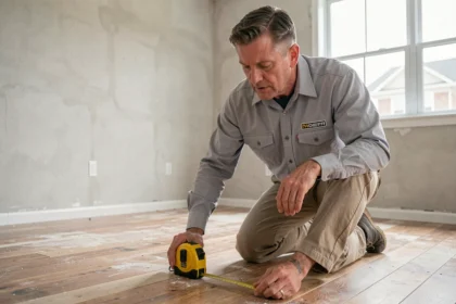 Artisan mesurant la surface d'une pièce vide avec un mètre ruban pour calculer les mètres carrés avant travaux