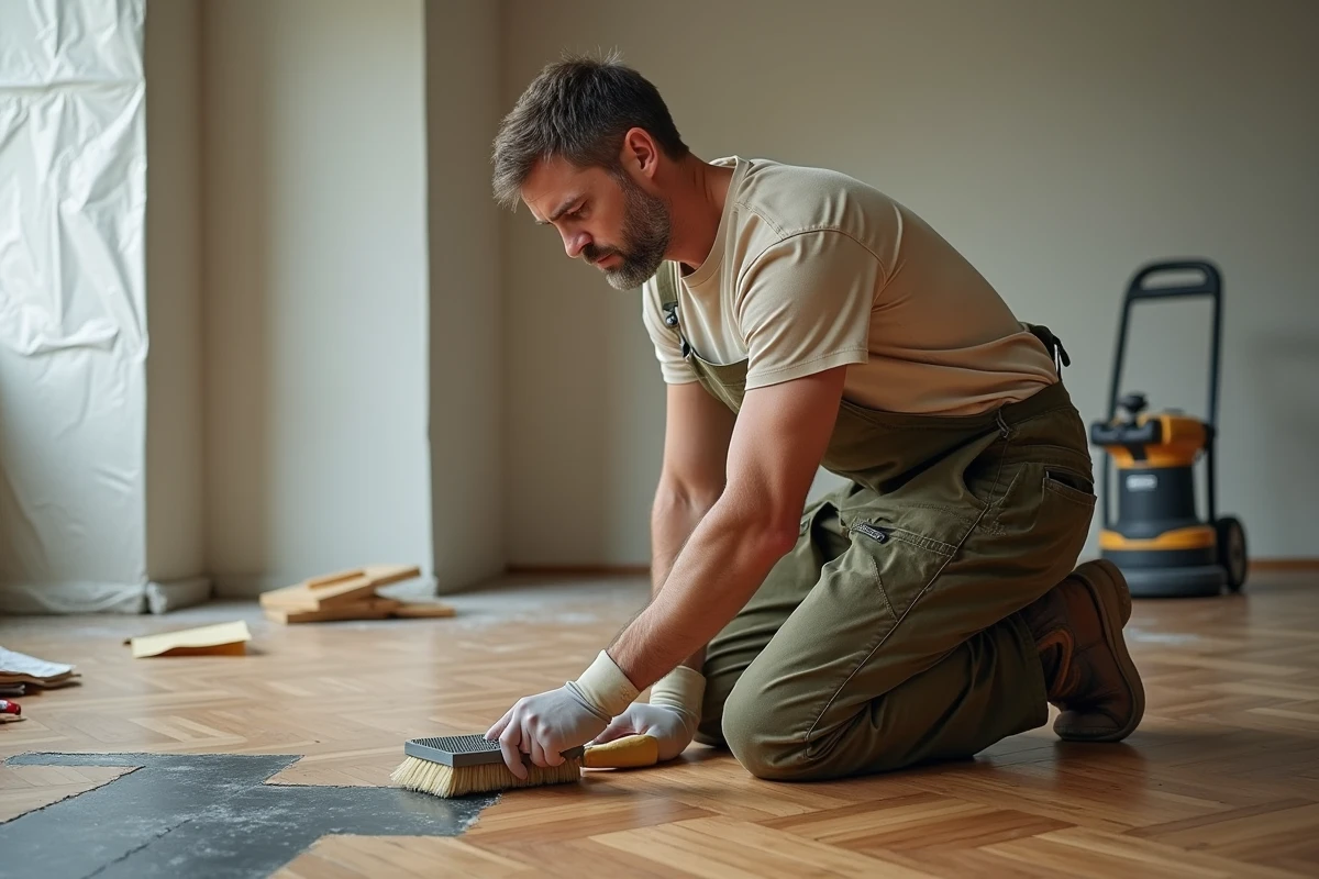 Artisan appliquant un produit de restauration sur un parquet noirci lors de travaux de rénovation