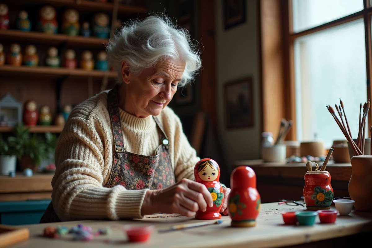 Artisane russe d'âge mûr peignant à la main une poupée matriochka dans son atelier traditionnel
