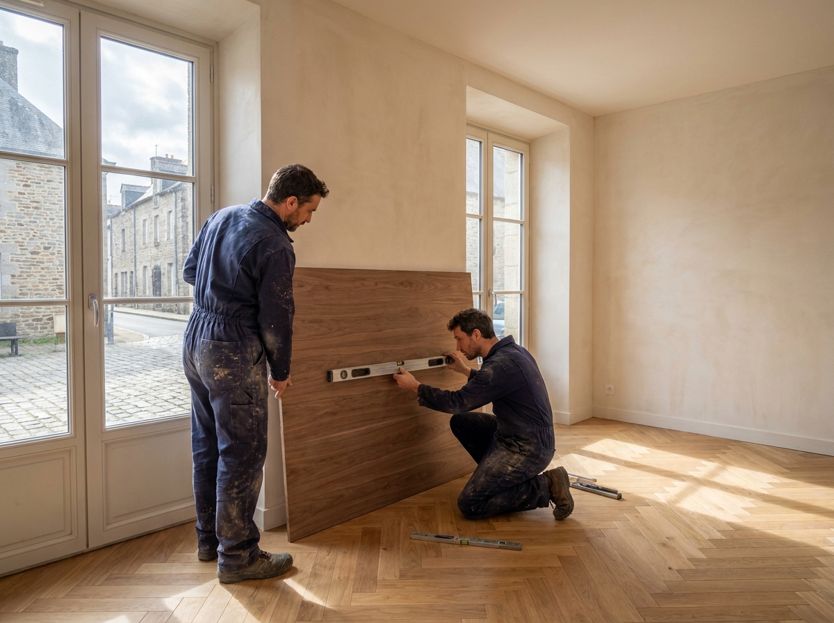 Artisans professionnels posant des lambris en bois dans un salon en cours de rénovation à Rennes