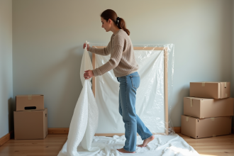 Femme emballant une grande peinture dans un salon lumineux