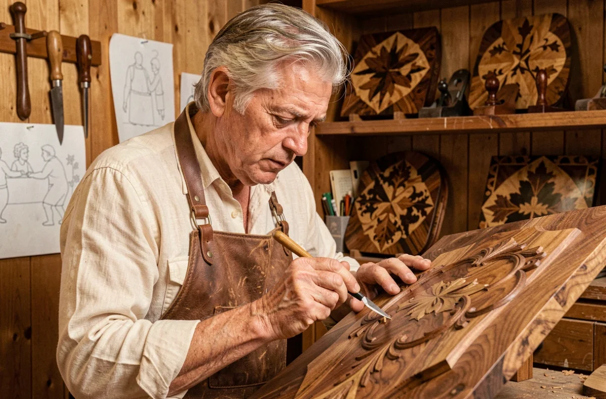 Ébéniste de l'Atelier Music gravant des détails ornementaux dans un panneau en noyer dans son atelier d'art en Loir-et-Cher