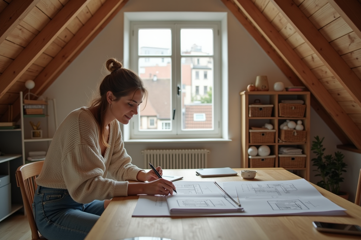 Femme esquissant plans dans un grenier rénové lumineux