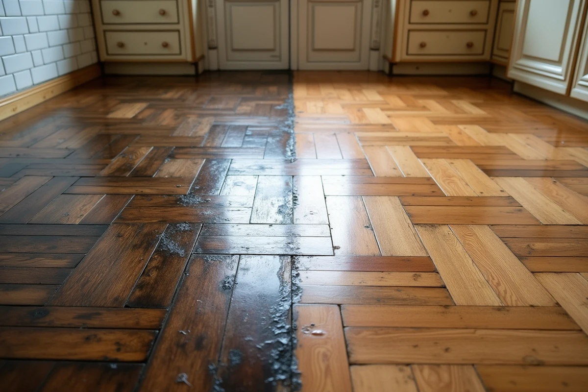 Comparaison avant-après d'un parquet en chevrons noirci par l'humidité et restauré après traitement