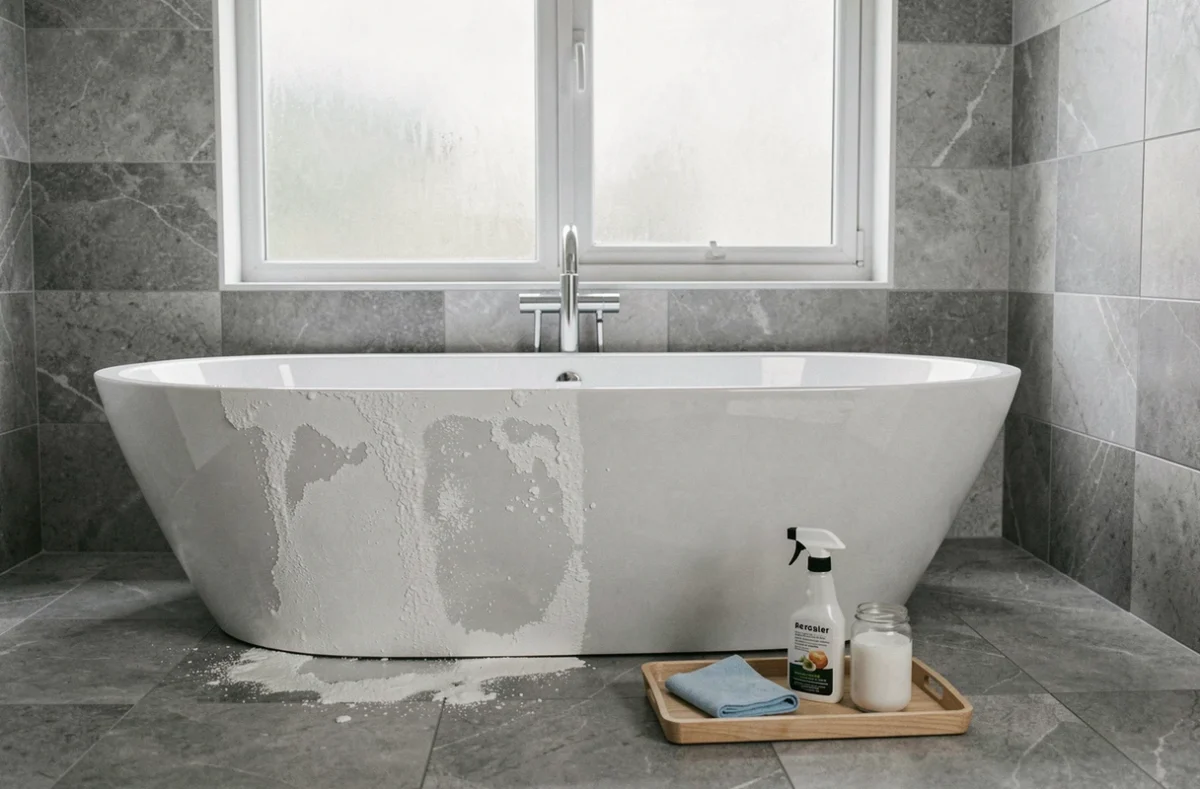 Vue d'ensemble d'une salle de bain avec baignoire acrylique semi-nettoyée et produits détartrants naturels posés au sol