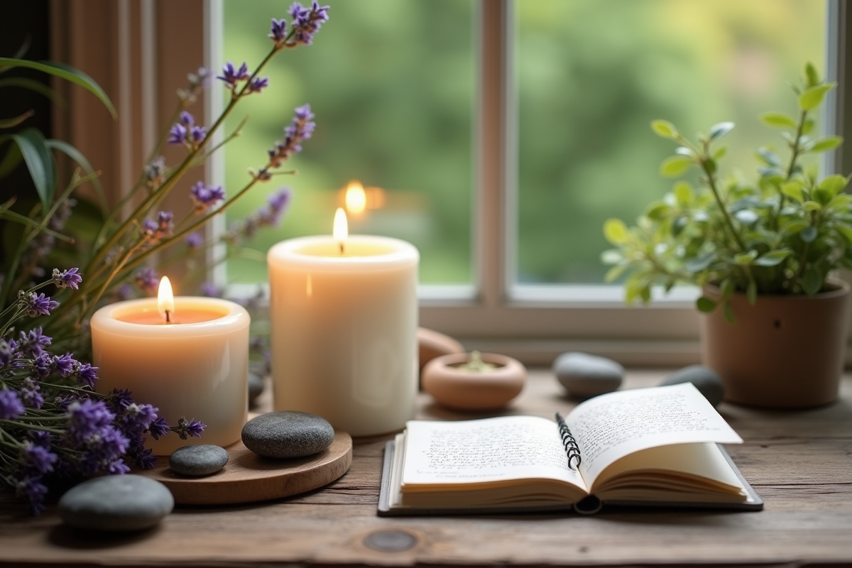 Bougies parfumees entourées de lavande et pierres plates