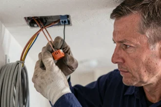 Électricien connectant deux fils électriques dans un connecteur Wago 2 fils au niveau d'un plafond résidentiel