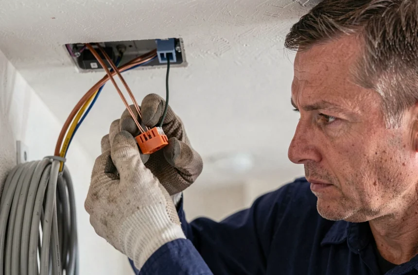 Électricien connectant deux fils électriques dans un connecteur Wago 2 fils au niveau d'un plafond résidentiel