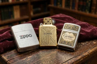 Trois briquets de collection vintage posés sur du bois de noyer avec un tissu de velours bordeaux, détail macro d'un Zippo argenté, un Dunhill doré Art Déco et un Cartier en émail gravé