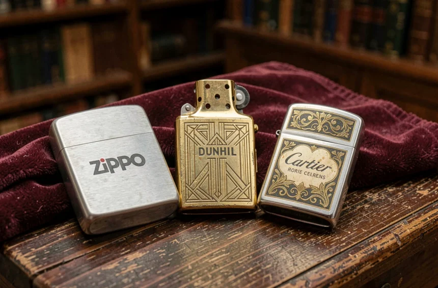 Trois briquets de collection vintage posés sur du bois de noyer avec un tissu de velours bordeaux, détail macro d'un Zippo argenté, un Dunhill doré Art Déco et un Cartier en émail gravé