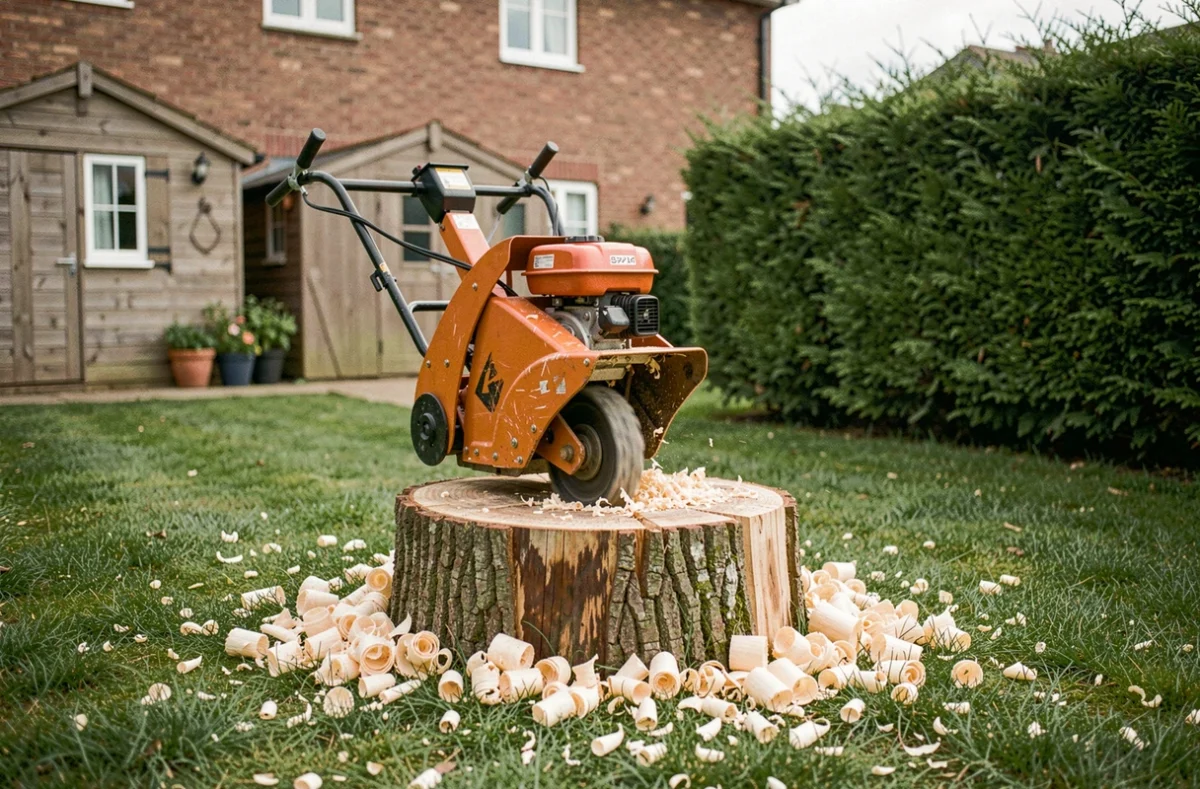 Broyeur de souches à essence positionné sur une souche de chêne dans un jardin résidentiel avec copeaux de bois épars