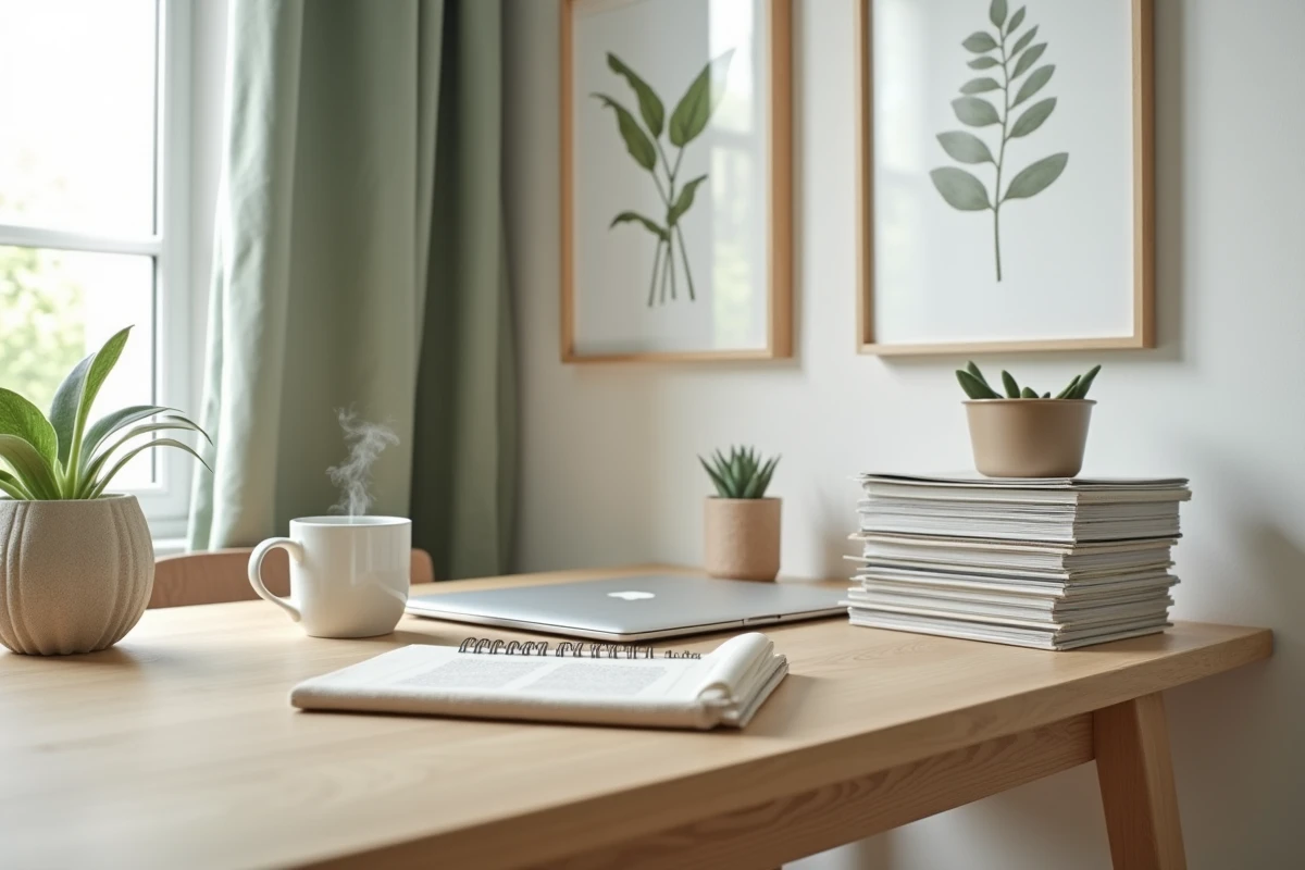 Bureau maison cosy avec magazines de décoration empilés, mug et plantes dans un appartement de style scandinave