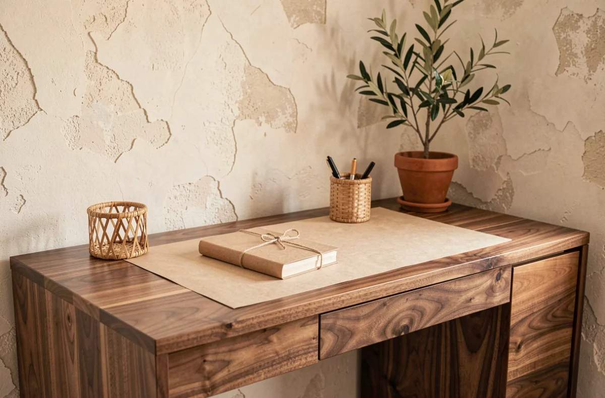 Bureau en noyer avec papier beige, carnets kraft, rattan et plantes séchées dans un intérieur naturel
