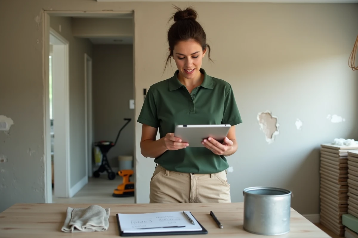 Femme calculant le coût de location d'outils lors d'une rénovation intérieure avec comparatif de prix sur tablette