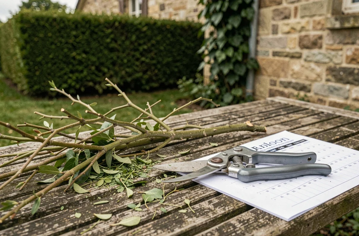 Sécateur professionnel et calendrier de taille de haie posés sur un banc de jardin en bois