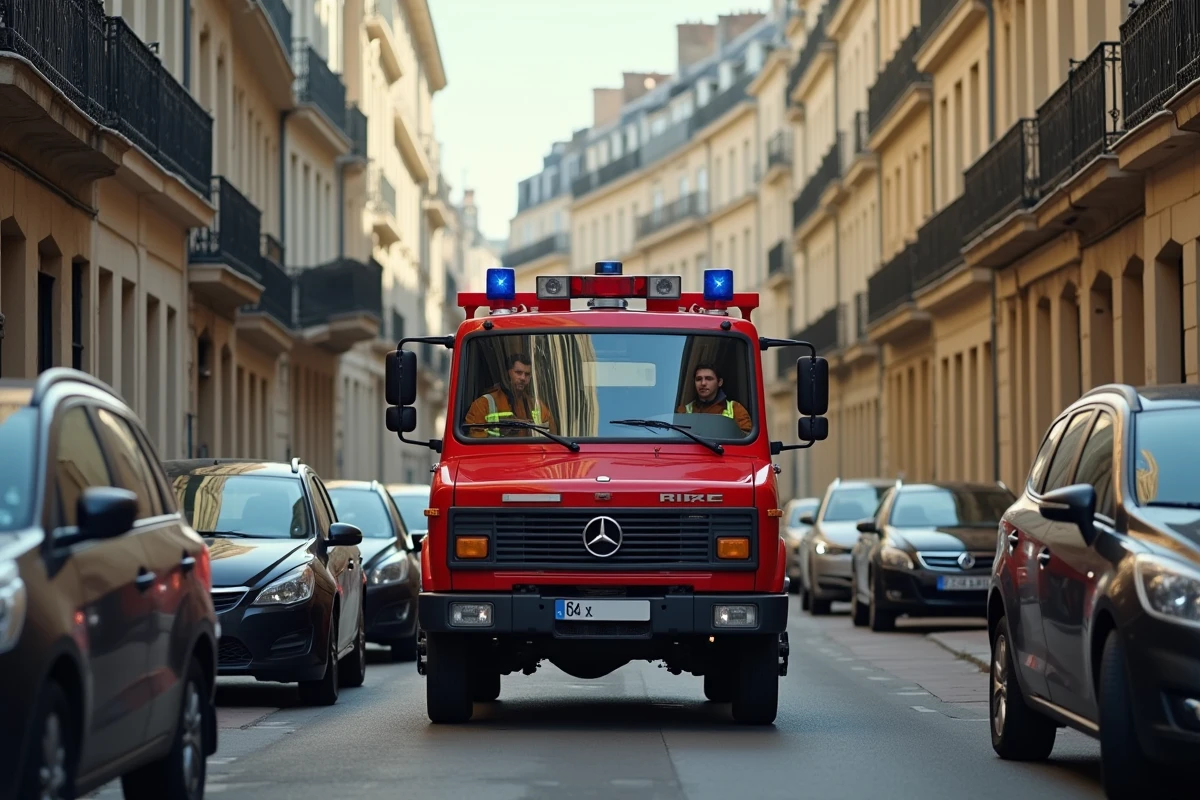 Camion de pompiers naviguant dans une rue étroite encombrée de voitures garées sur le trottoir