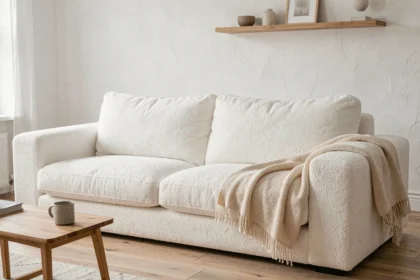 Canapé nuage blanc en bouclé dans un salon Airbnb de style scandinave avec parquet clair et décoration minimaliste