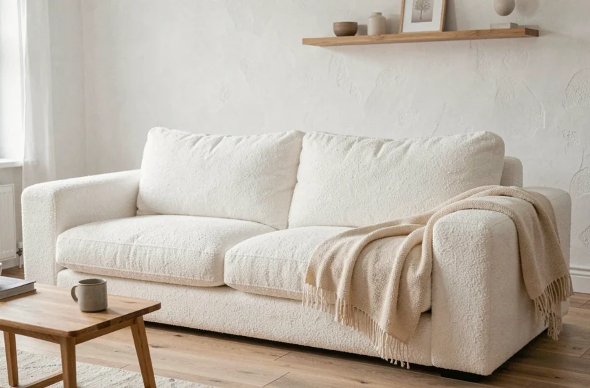 Canapé nuage blanc en bouclé dans un salon Airbnb de style scandinave avec parquet clair et décoration minimaliste