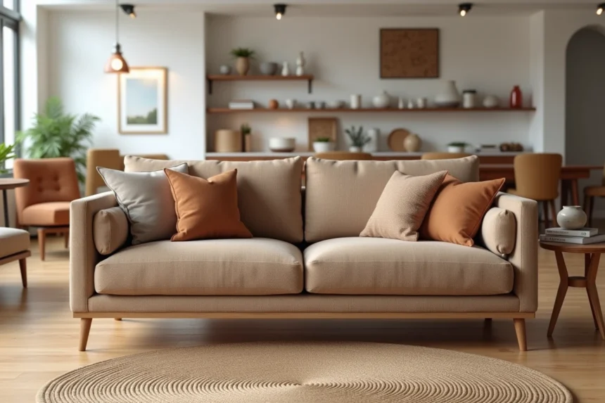 Canapé trois places Poltron et Sofa en tissu taupe dans un showroom d'Aubagne avec parquet chêne clair