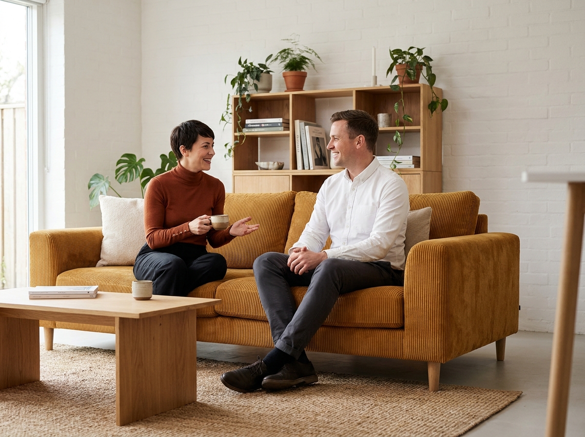 Canapé en velours côtelé jaune moutarde dans un salon scandinave avec couple en conversation décontractée