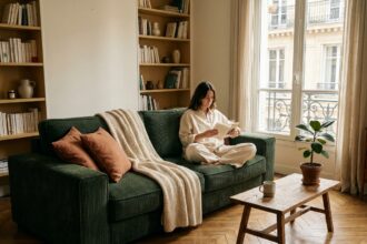 Canapé en velours côtelé vert forêt dans un salon parisien avec parquet en chevrons et femme lisant un livre