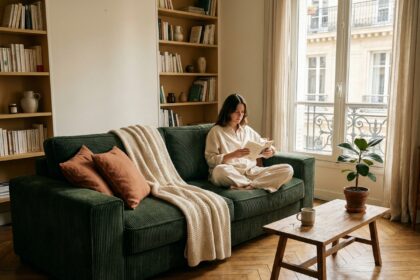 Canapé en velours côtelé vert forêt dans un salon parisien avec parquet en chevrons et femme lisant un livre