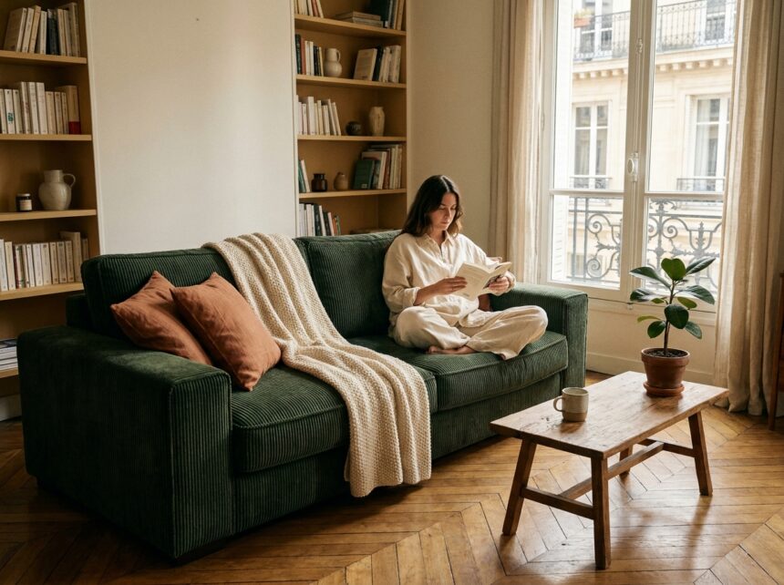 Canapé en velours côtelé vert forêt dans un salon parisien avec parquet en chevrons et femme lisant un livre
